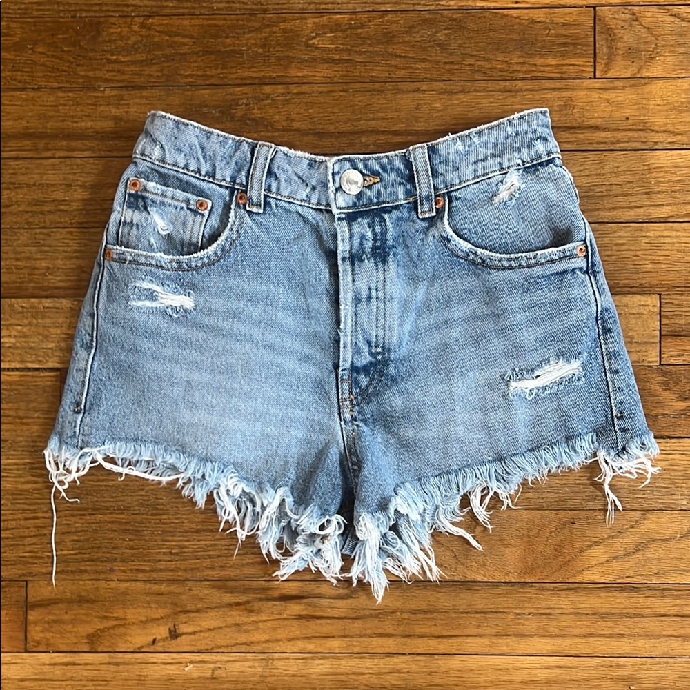 Zara High Waisted Distressed Women Cheeky Shorts with Button Fly Women's size 2